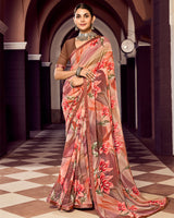 Vishal Prints Salmon Orange And Rusty Brown Digital Print Georgette Saree With Fancy Border