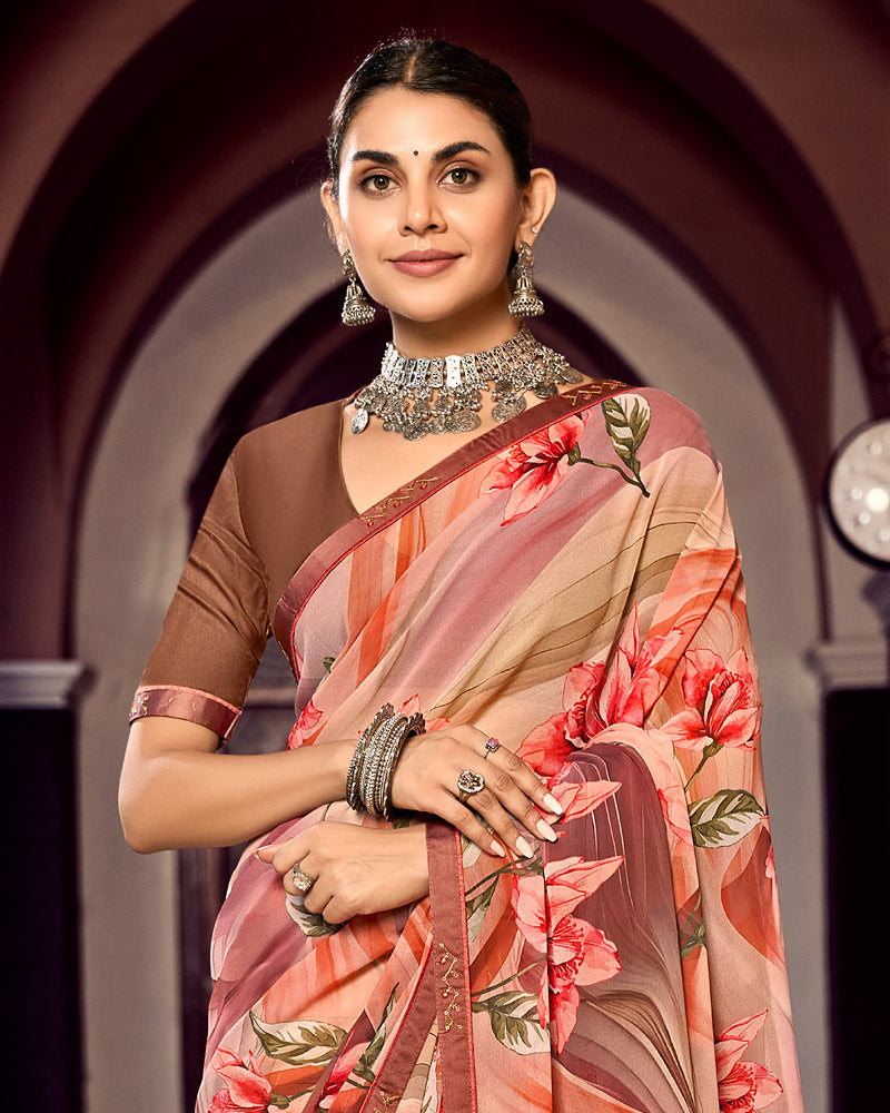 Vishal Prints Salmon Orange And Rusty Brown Digital Print Georgette Saree With Fancy Border