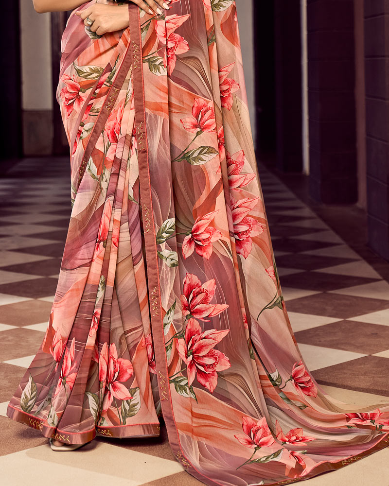 Vishal Prints Salmon Orange And Rusty Brown Digital Print Georgette Saree With Fancy Border