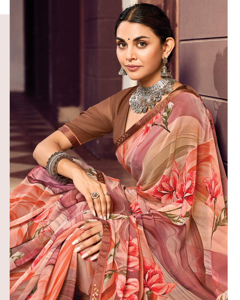 Vishal Prints Salmon Orange And Rusty Brown Digital Print Georgette Saree With Fancy Border