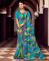 Vishal Prints Pacific Blue And Slate Grey Digital Print Georgette Saree With Fancy Border