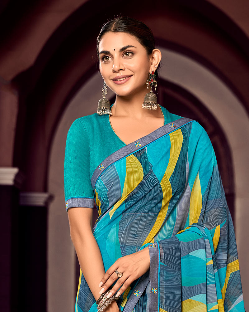 Vishal Prints Pacific Blue And Slate Grey Digital Print Georgette Saree With Fancy Border