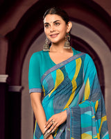 Vishal Prints Pacific Blue And Slate Grey Digital Print Georgette Saree With Fancy Border