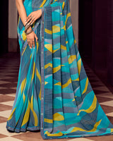 Vishal Prints Pacific Blue And Slate Grey Digital Print Georgette Saree With Fancy Border