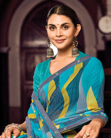 Vishal Prints Pacific Blue And Slate Grey Digital Print Georgette Saree With Fancy Border