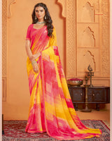 Vishal Prints Carmine Pink And Sunglow Yellow Digital Print Georgette Saree With Fancy Border