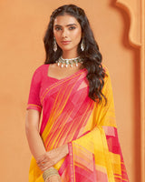 Vishal Prints Carmine Pink And Sunglow Yellow Digital Print Georgette Saree With Fancy Border