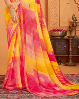 Vishal Prints Carmine Pink And Sunglow Yellow Digital Print Georgette Saree With Fancy Border