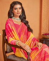 Vishal Prints Carmine Pink And Sunglow Yellow Digital Print Georgette Saree With Fancy Border
