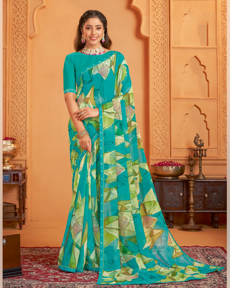 Vishal Prints Persian Green Digital Print Georgette Saree With Fancy Border