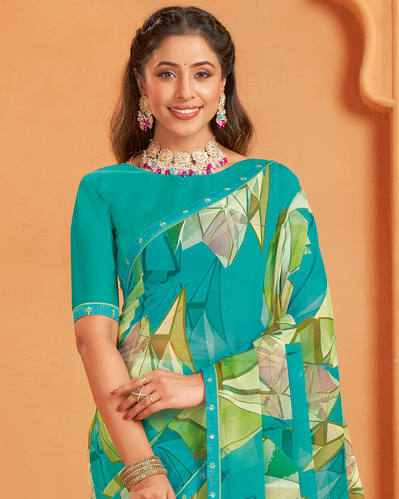 Vishal Prints Persian Green Digital Print Georgette Saree With Fancy Border