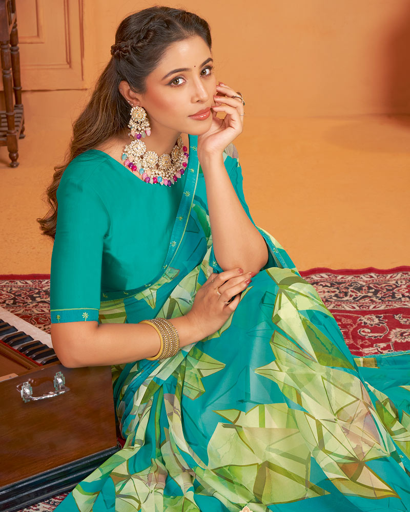 Vishal Prints Persian Green Digital Print Georgette Saree With Fancy Border