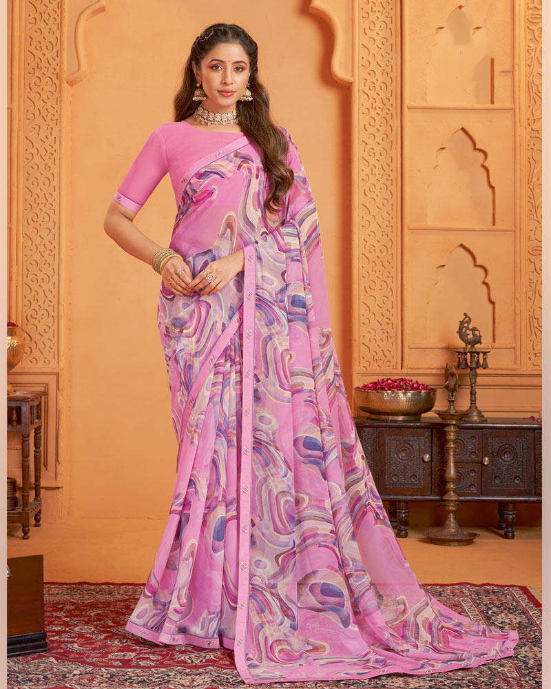 Vishal Prints Pastel Magenta Digital Print Georgette Saree With Fancy Border