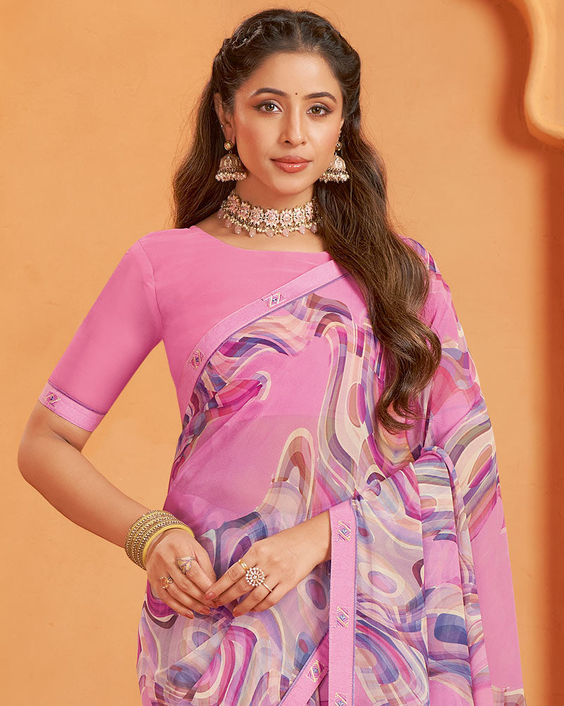 Vishal Prints Pastel Magenta Digital Print Georgette Saree With Fancy Border