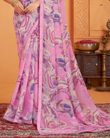 Vishal Prints Pastel Magenta Digital Print Georgette Saree With Fancy Border