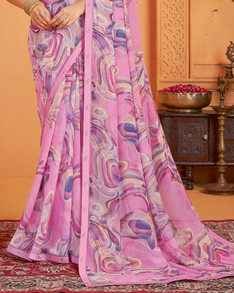 Vishal Prints Pastel Magenta Digital Print Georgette Saree With Fancy Border