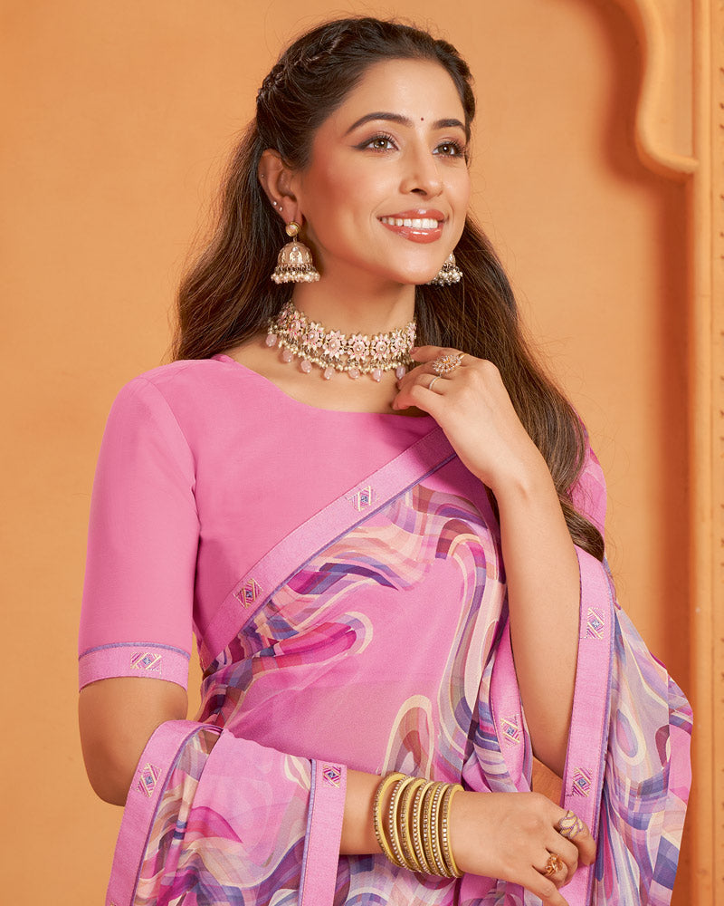 Vishal Prints Pastel Magenta Digital Print Georgette Saree With Fancy Border