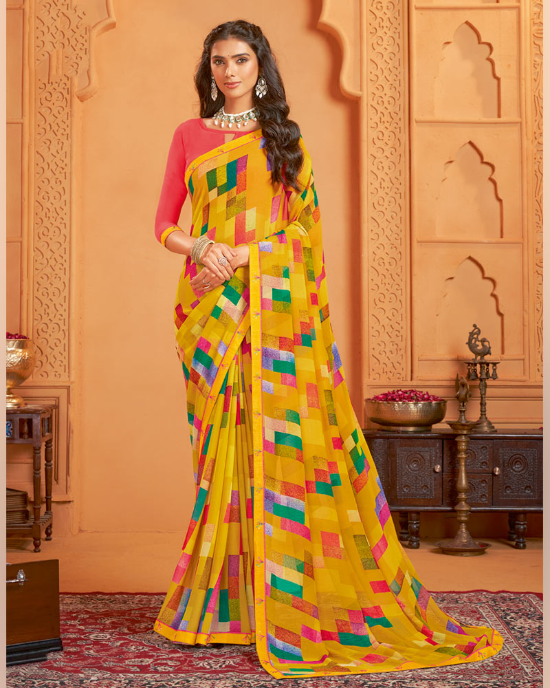 Vishal Prints Yellow Ochre Digital Print Georgette Saree With Fancy Border