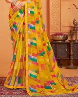 Vishal Prints Yellow Ochre Digital Print Georgette Saree With Fancy Border
