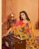 Vishal Prints Yellow Ochre Digital Print Georgette Saree With Fancy Border