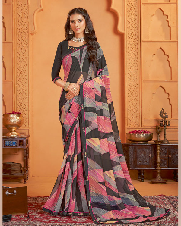 Vishal Prints Charcoal Black And Rosy Brown Digital Print Georgette Saree With Fancy Border