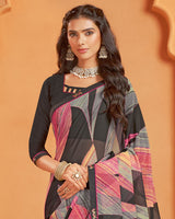 Vishal Prints Charcoal Black And Rosy Brown Digital Print Georgette Saree With Fancy Border