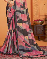 Vishal Prints Charcoal Black And Rosy Brown Digital Print Georgette Saree With Fancy Border
