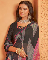 Vishal Prints Charcoal Black And Rosy Brown Digital Print Georgette Saree With Fancy Border