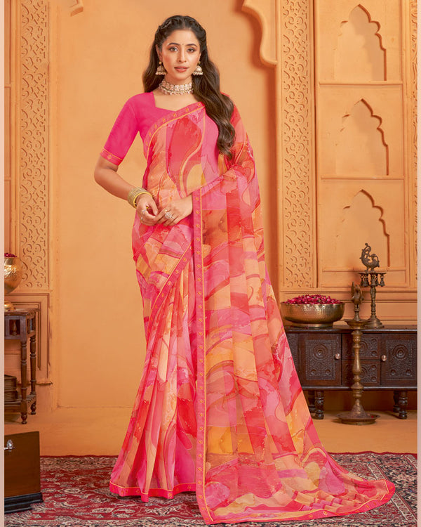 Vishal Prints Light Carmine Pink And Orange Digital Print Georgette Saree With Fancy Border