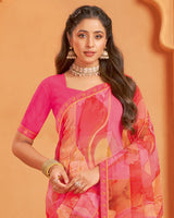 Vishal Prints Light Carmine Pink And Orange Digital Print Georgette Saree With Fancy Border