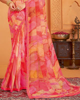 Vishal Prints Light Carmine Pink And Orange Digital Print Georgette Saree With Fancy Border