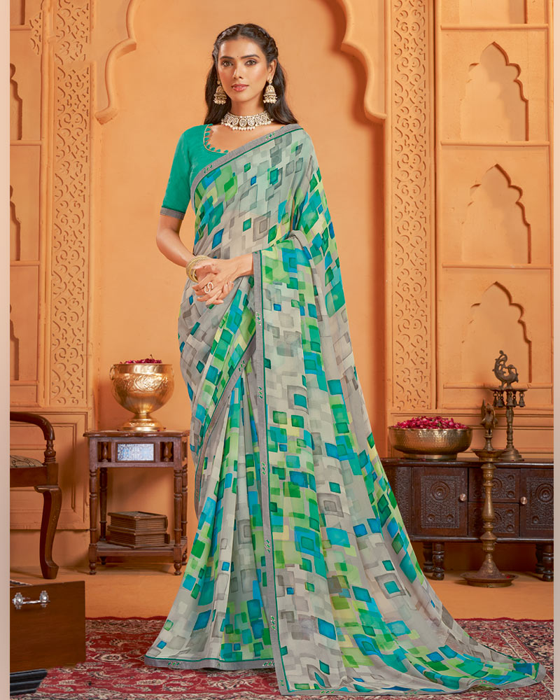 Vishal Prints Light Greenish Grey Digital Print Georgette Saree With Fancy Border