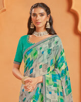 Vishal Prints Light Greenish Grey Digital Print Georgette Saree With Fancy Border