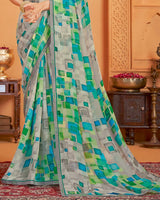 Vishal Prints Light Greenish Grey Digital Print Georgette Saree With Fancy Border