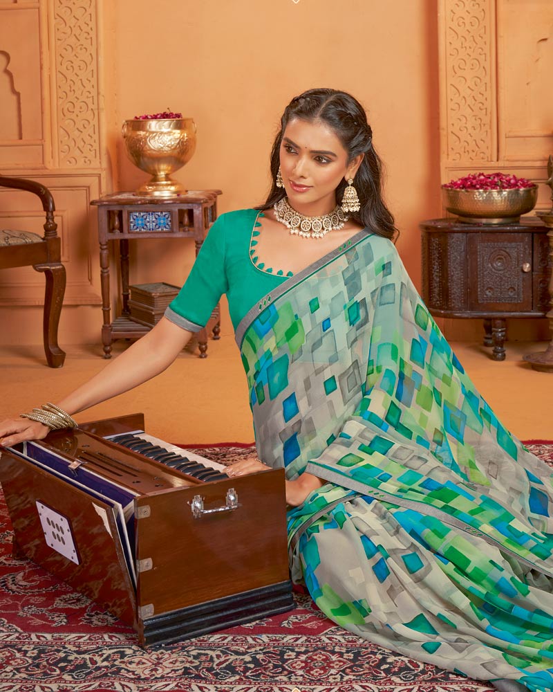 Vishal Prints Light Greenish Grey Digital Print Georgette Saree With Fancy Border