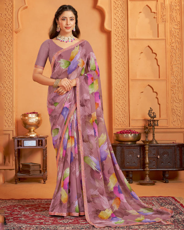 Vishal Prints Brownish Pink Digital Print Georgette Saree With Fancy Border