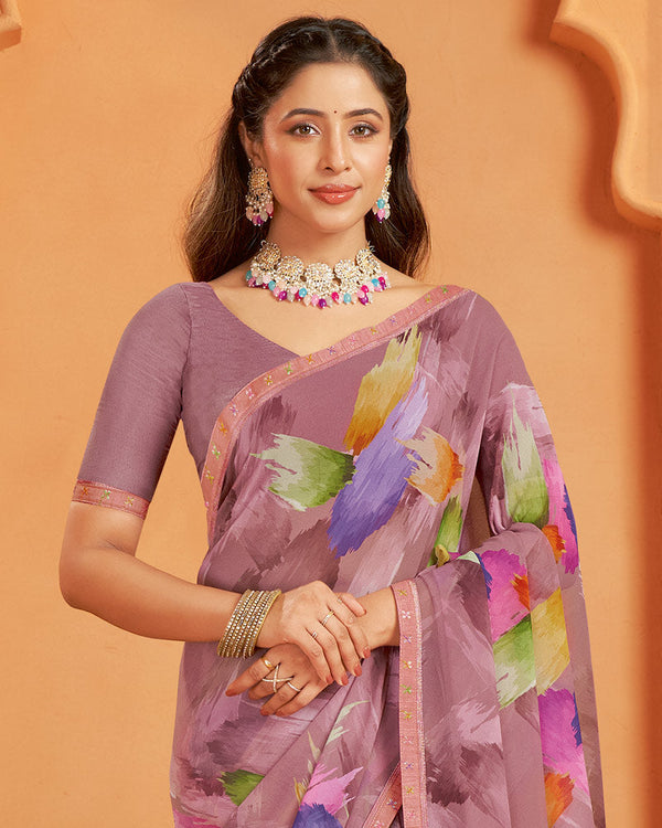 Vishal Prints Brownish Pink Digital Print Georgette Saree With Fancy Border