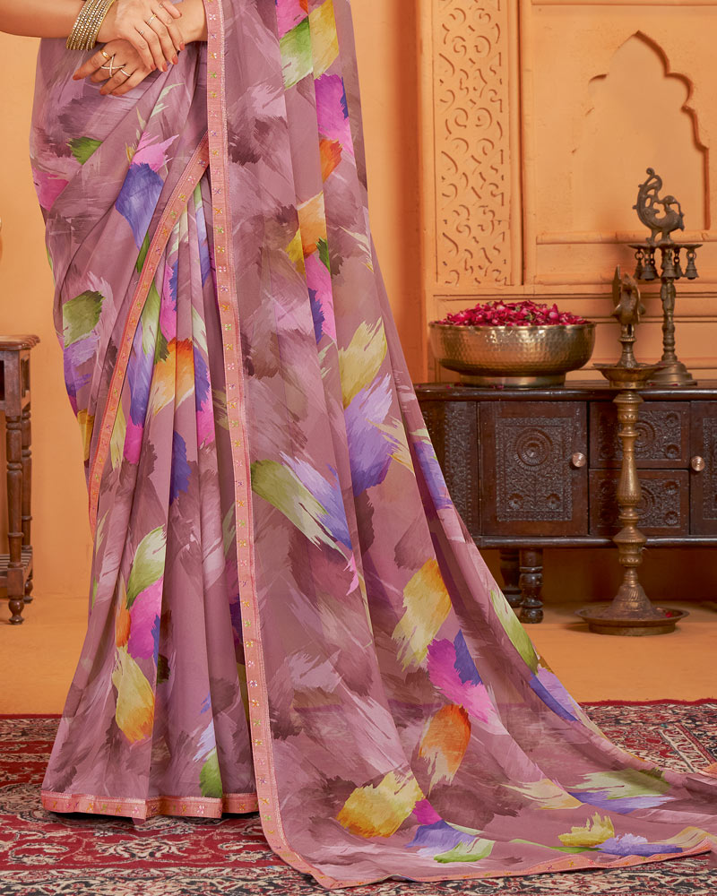 Vishal Prints Brownish Pink Digital Print Georgette Saree With Fancy Border