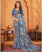 Vishal Prints Dusty Blue Digital Print Georgette Saree With Fancy Border