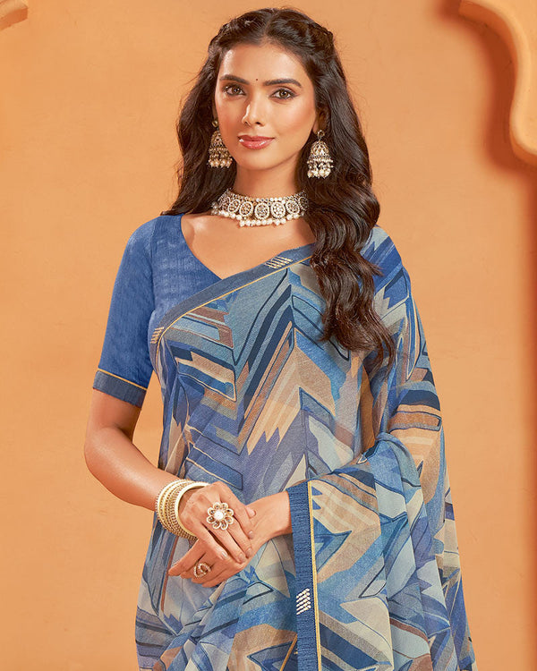 Vishal Prints Dusty Blue Digital Print Georgette Saree With Fancy Border