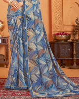 Vishal Prints Dusty Blue Digital Print Georgette Saree With Fancy Border