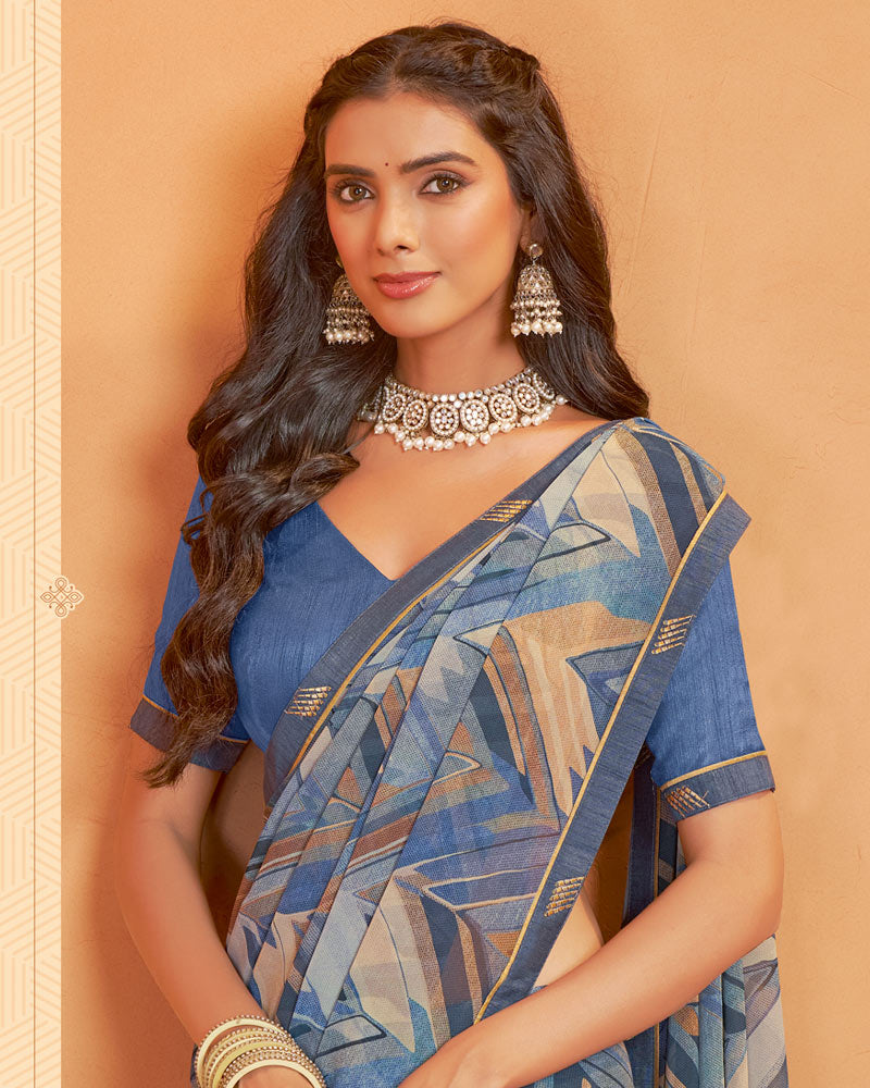 Vishal Prints Dusty Blue Digital Print Georgette Saree With Fancy Border