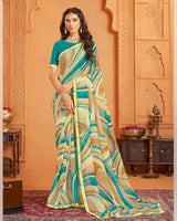 Vishal Prints Greenish Light Yellow Digital Print Georgette Saree With Fancy Border