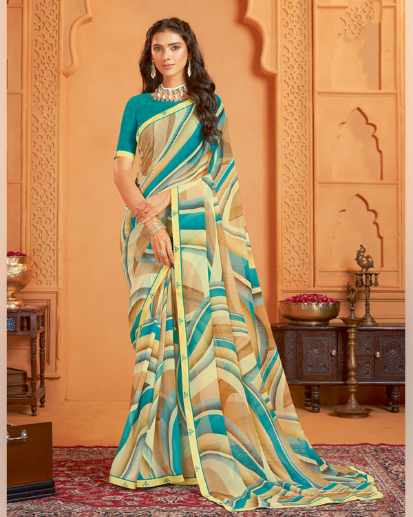 Vishal Prints Greenish Light Yellow Digital Print Georgette Saree With Fancy Border