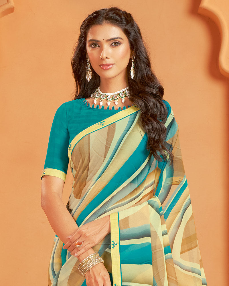 Vishal Prints Greenish Light Yellow Digital Print Georgette Saree With Fancy Border