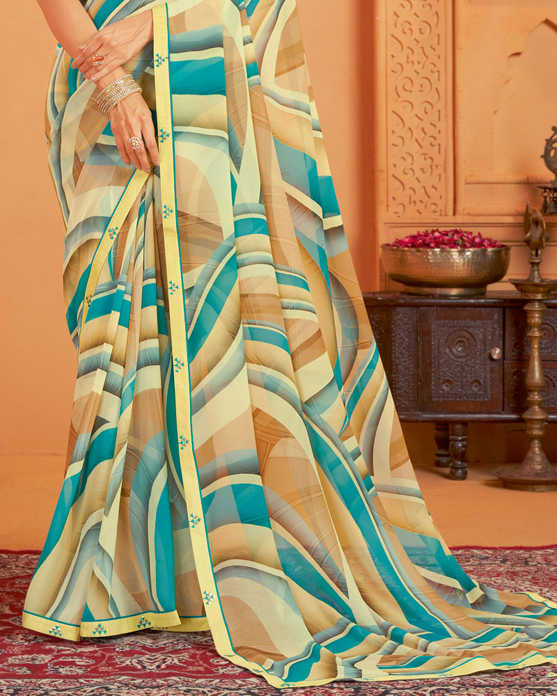 Vishal Prints Greenish Light Yellow Digital Print Georgette Saree With Fancy Border