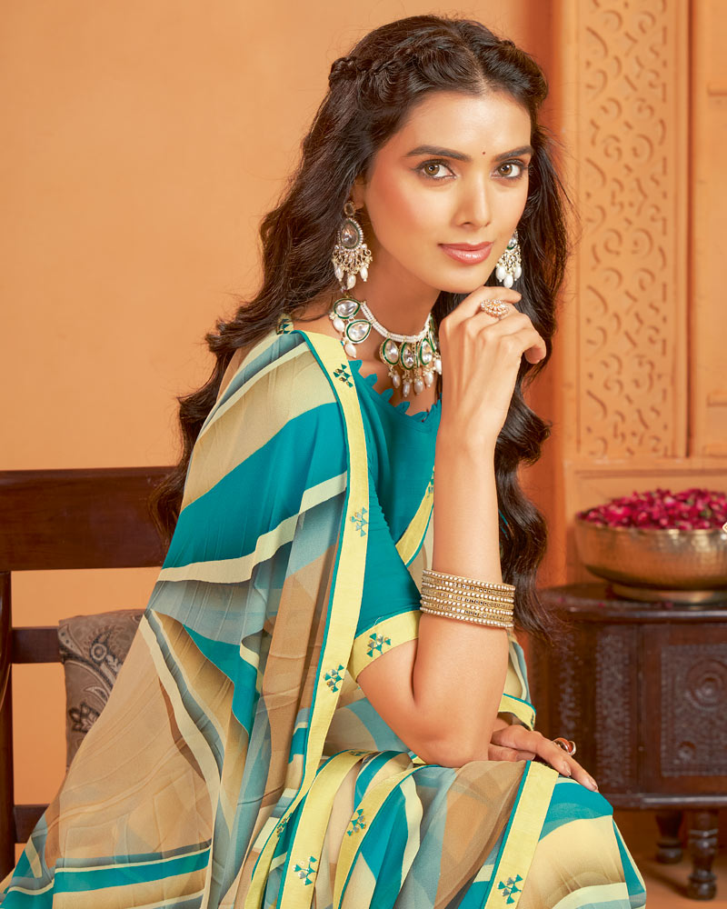 Vishal Prints Greenish Light Yellow Digital Print Georgette Saree With Fancy Border