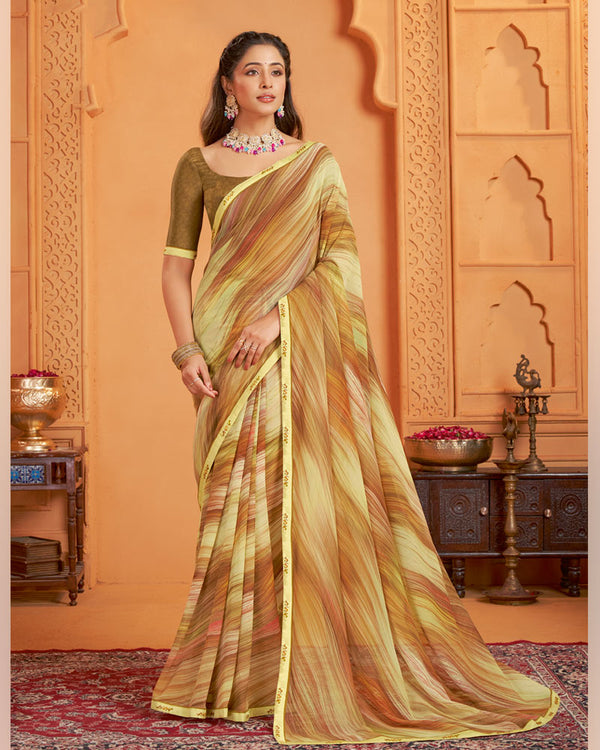 Vishal Prints Dark Sandy Brown Digital Print Georgette Saree With Fancy Border