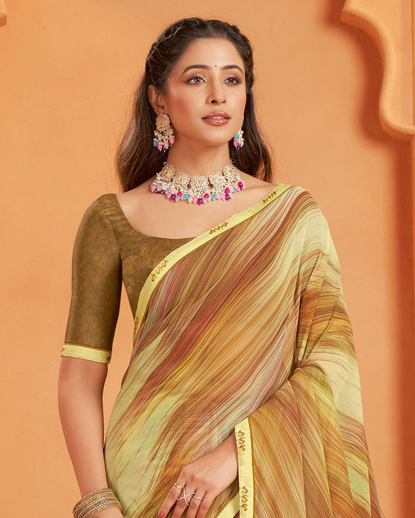 Vishal Prints Dark Sandy Brown Digital Print Georgette Saree With Fancy Border