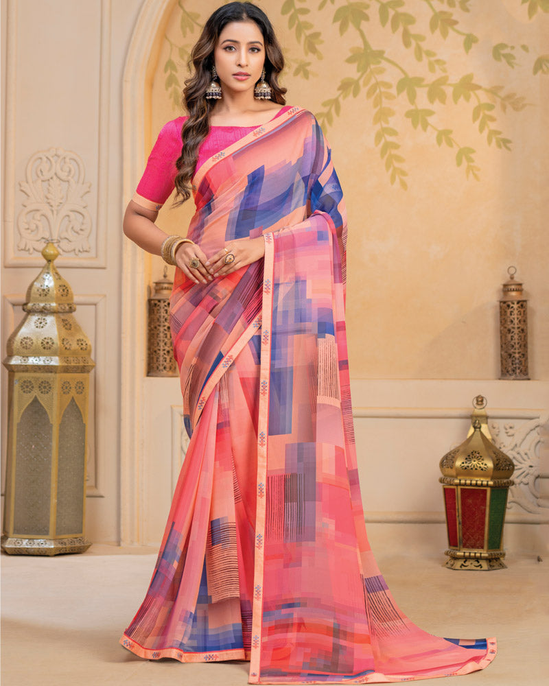 Vishal Prints Peach Digital Print Georgette Saree With Fancy Border
